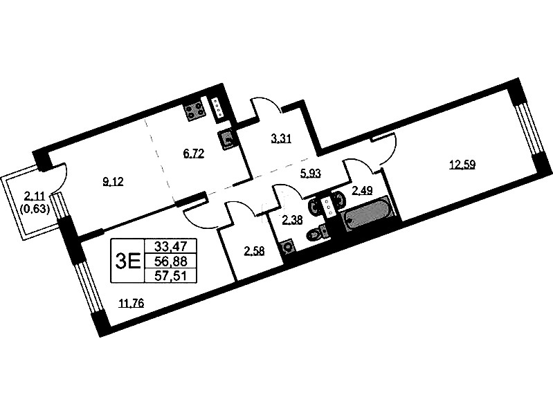 2-комнатная квартира 57.51 м², 5/9 эт., ЖК «Квартал Лаголово»